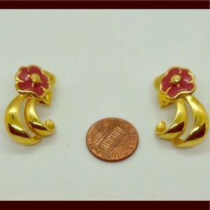 small vintage flower earrings new gold and red